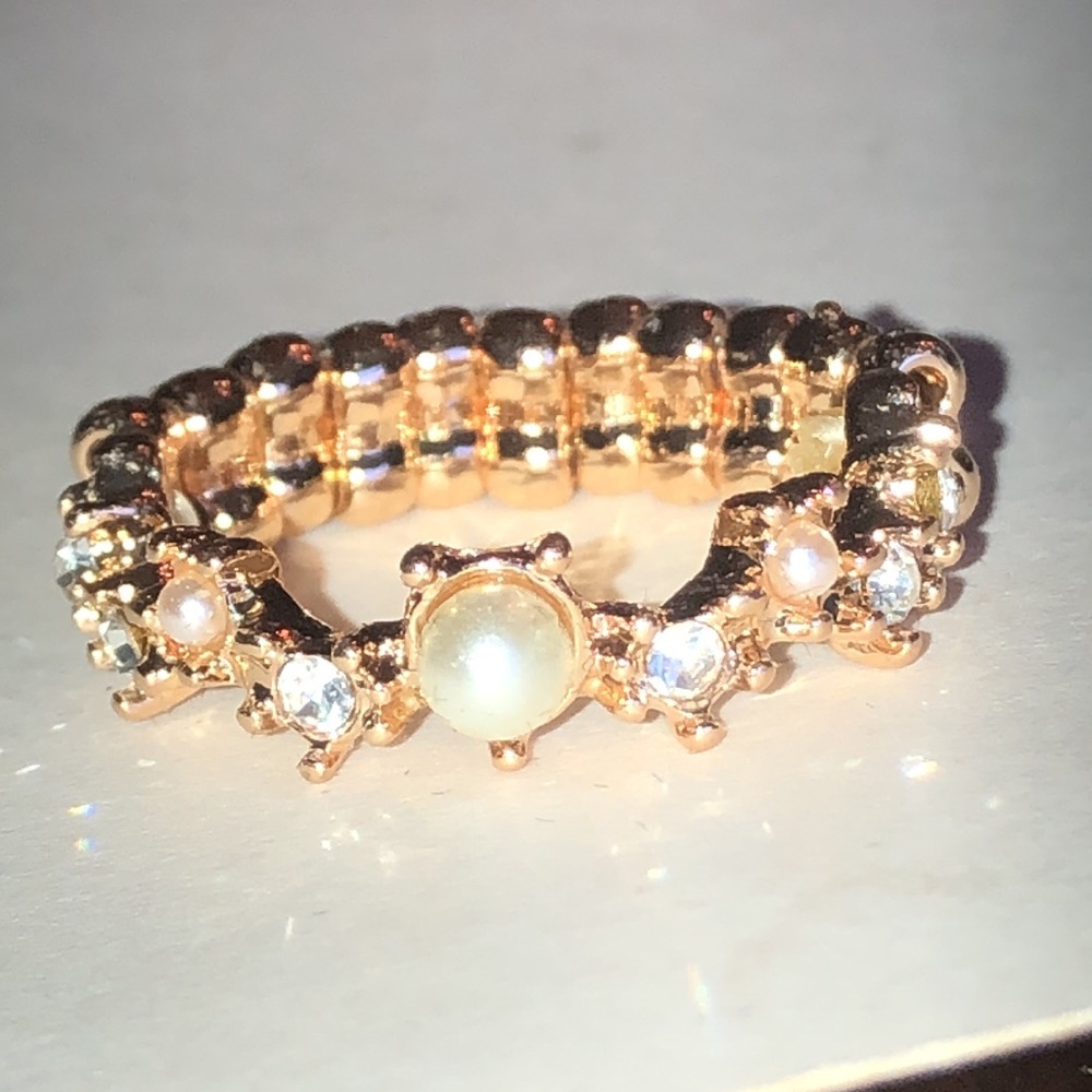 Gold Tone Faux Pearl & Crystal Band Ring